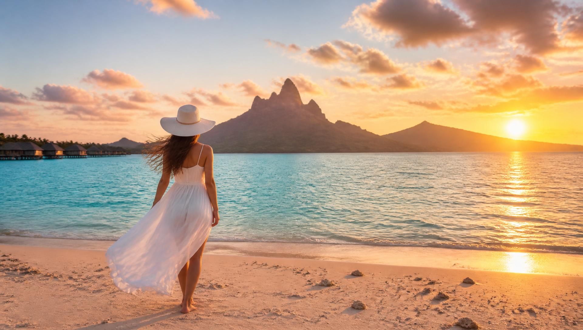 Mulher de costas na praia de Bora Bora ao pôr do sol, com chapéu branco e cabelos ao vento